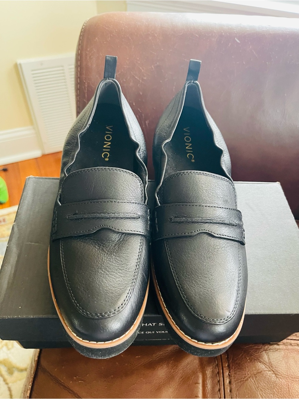 Vionic Black Leather Penny Loafers with Tan Trim